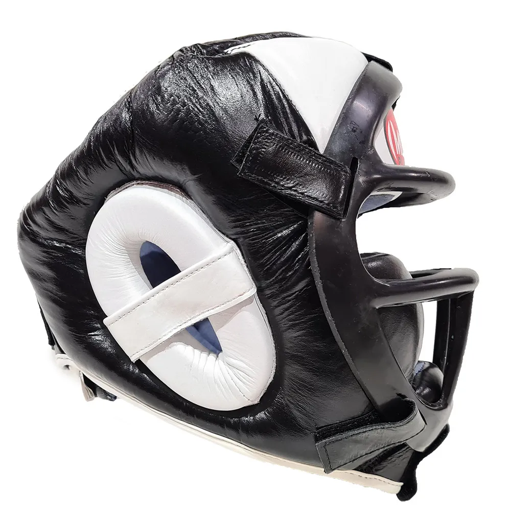 MORGAN LEATHER HEAD GUARD WITH ABX PLASTIC REMOVABLE GRILL SM/MED/LG/EX LG